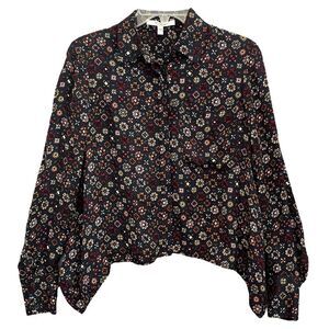 Derek Lam Georgette Silk Crop Top Womens 0 Floral Collared Blouse Office Career